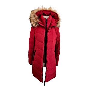 ATELIER NOIR Red Puffer Coat Faux Fur Hood Winter Parka Jacket Womens M